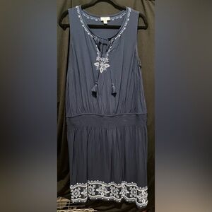J. Jill Navy Blue Embroidered Floral Sleeveless Boho Dress